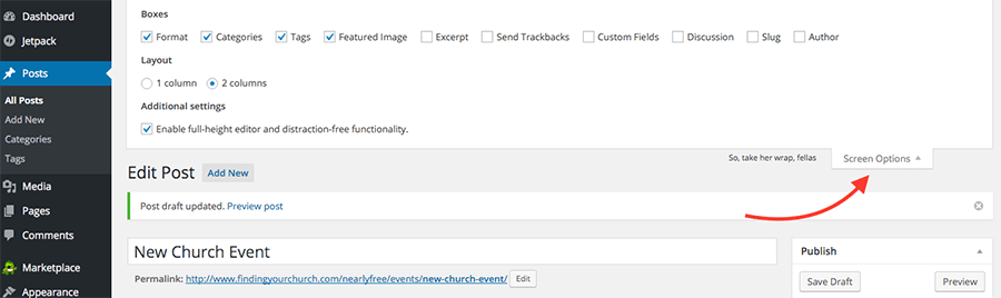 Screen Options in the WordPress Dashboard Editor