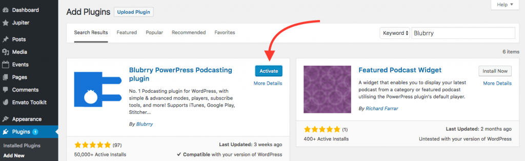 Activate Blubrry WordPress Podcasting Plugin