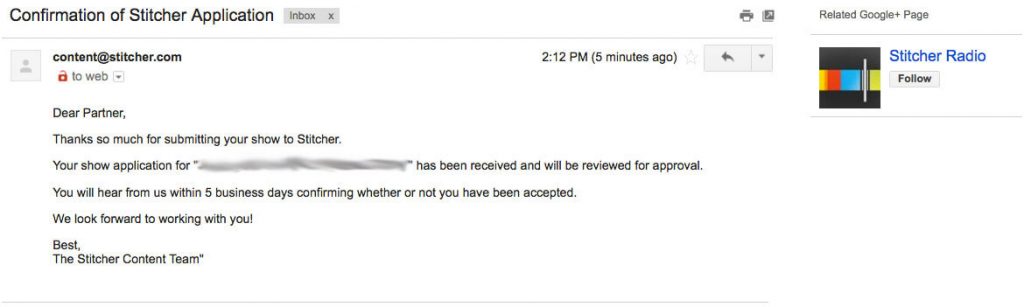 Stitcher - Confirmation Email